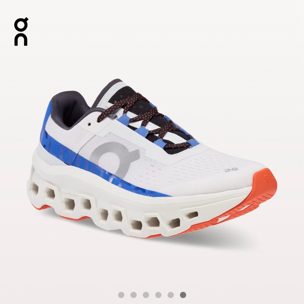 On Running White and Blue Athletic Shoes with Cushioning System